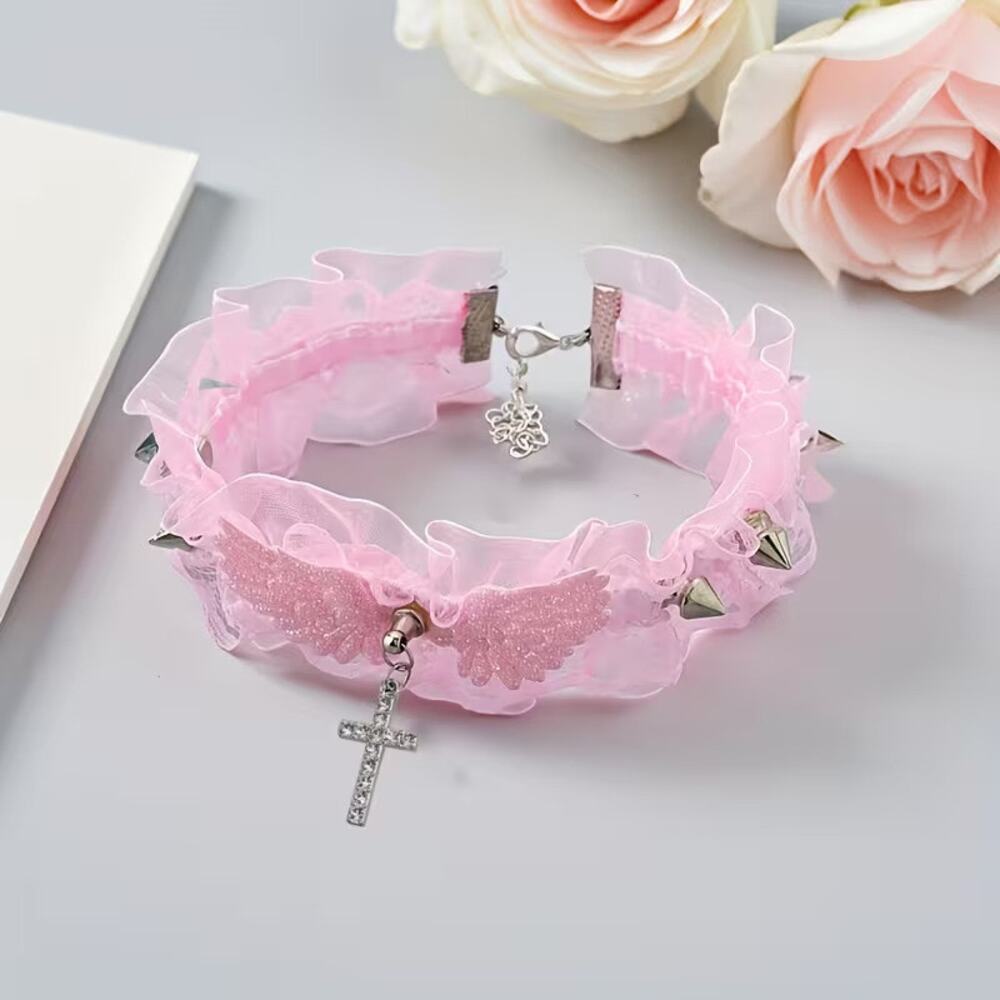 Goth Emo Punk PINK Angel Wing Lace Lolita Choker Anime Cosplay Necklace